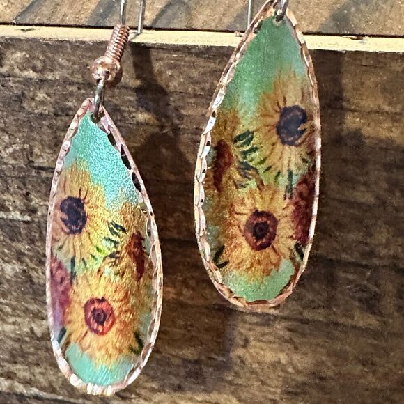 Handmade Boho Copper Earrings, Diamond Cut Van Gogh Sunflowers Earrings, Gift B - Picture 2 of 10